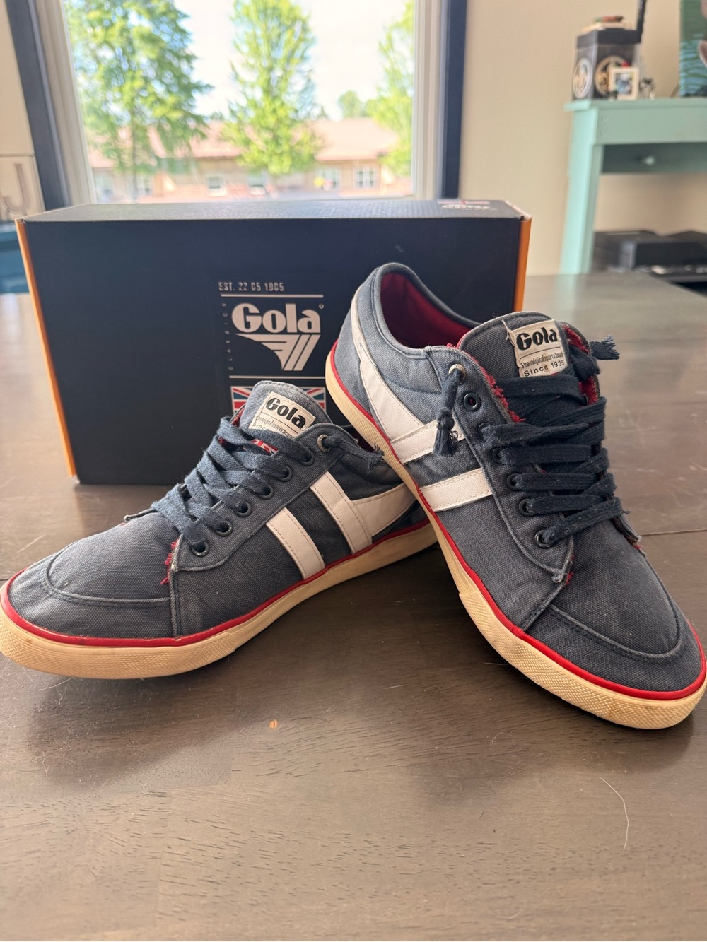Gola Navy Canvas Sneakers with White Stripes and Red Trim